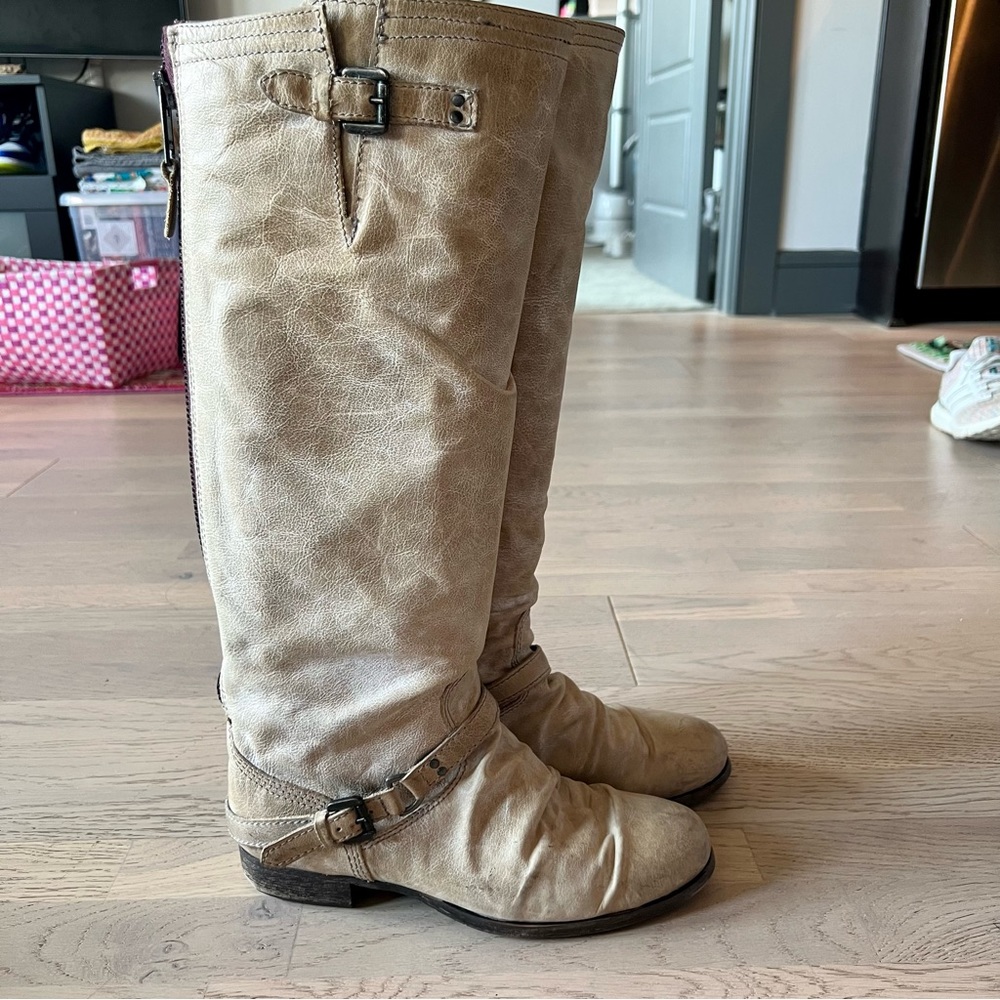Beige Steve Madden boots with wine color back zip